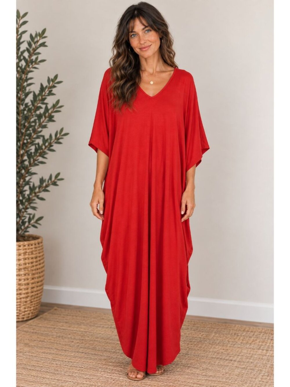 Natori Womens Red Caftan Maxi Dress V Neck Draped Kimono Sleeve Lounge Size S